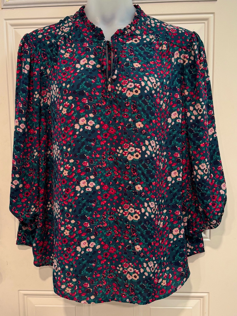 Carolina Belle Teal Floral Tie-Neck Blouse with Pink Accents